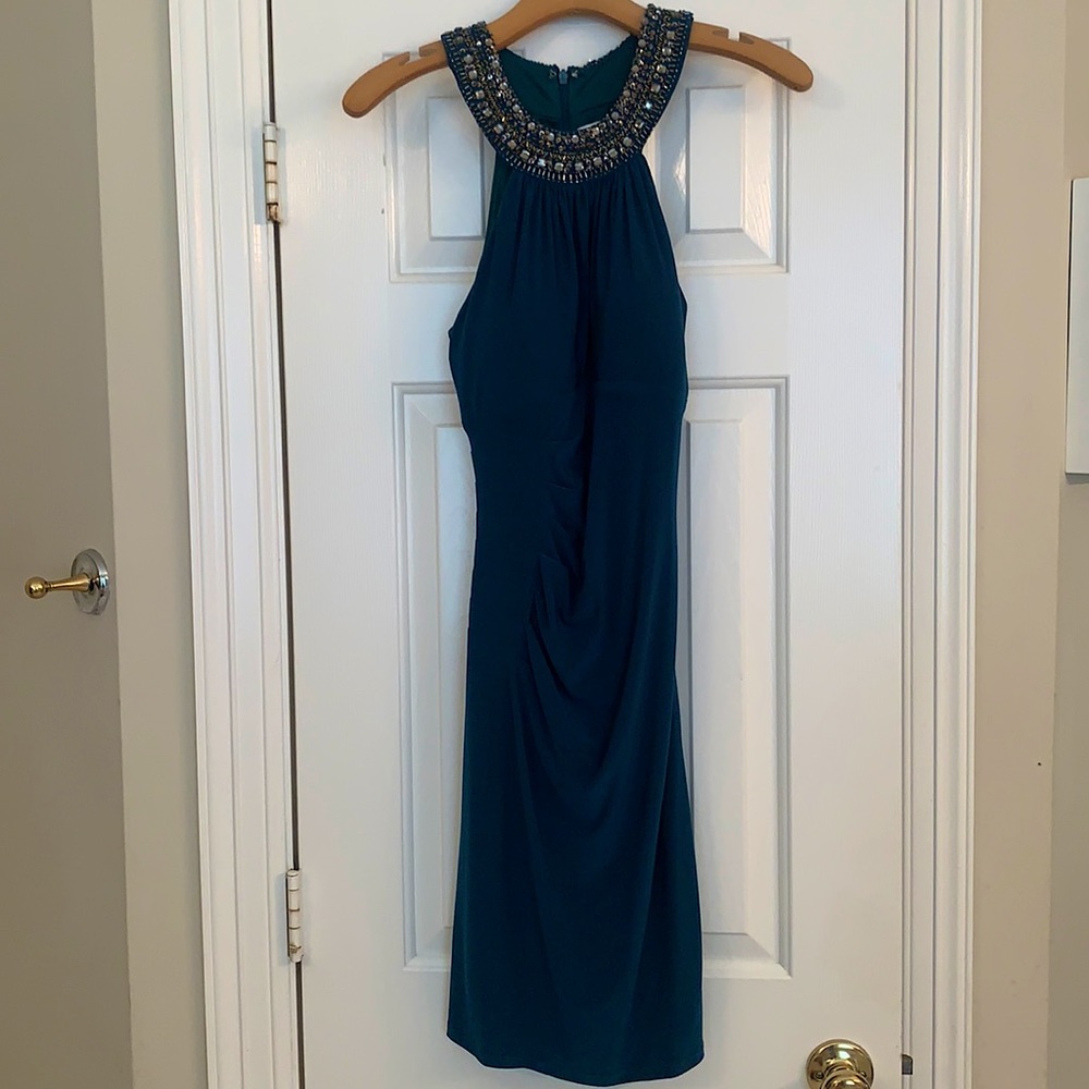 Cache formal teal dress with beaded collar- sz 2